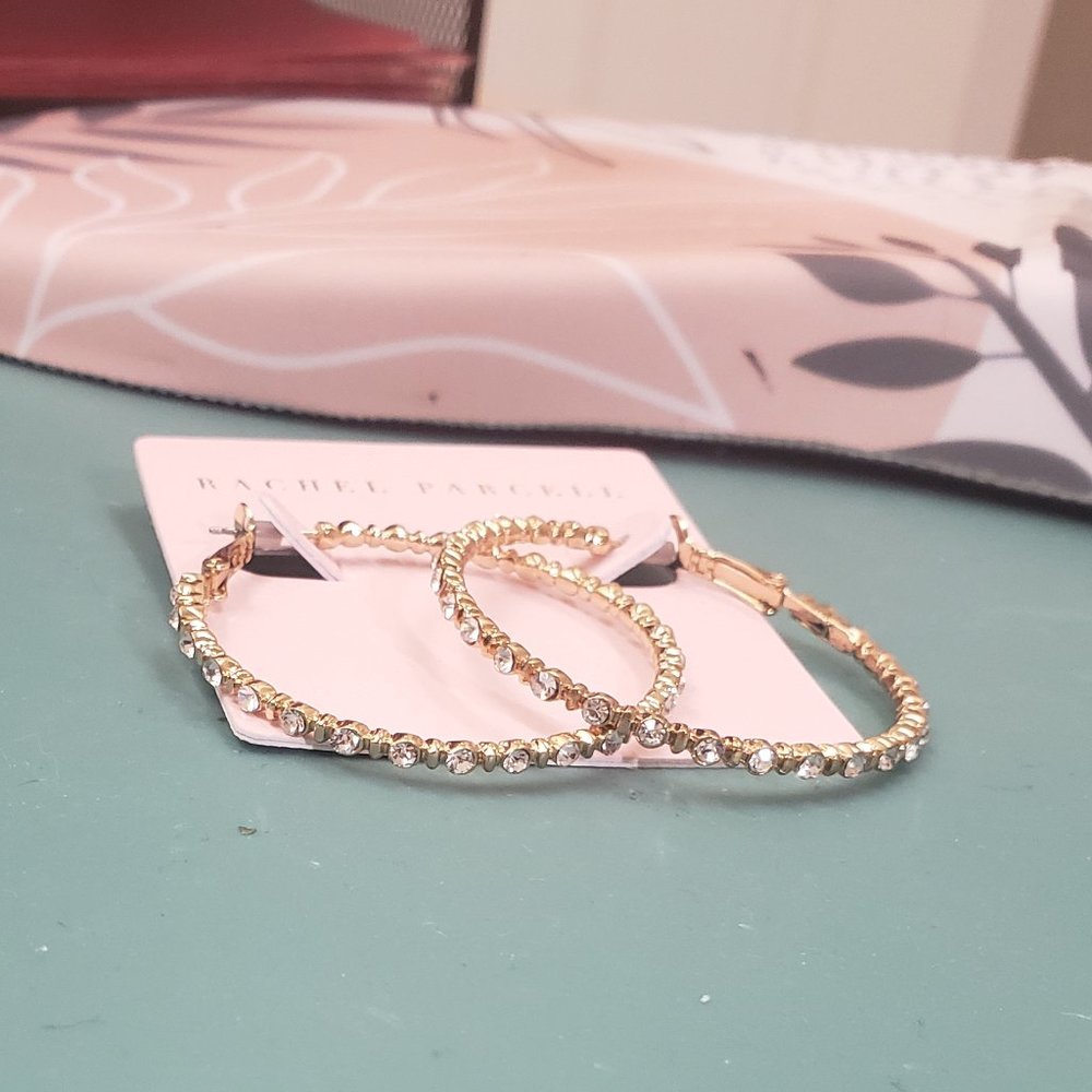 Rachel Parcell, NWT, Gold tone clear crystal jeweled large pierced hoop earrings